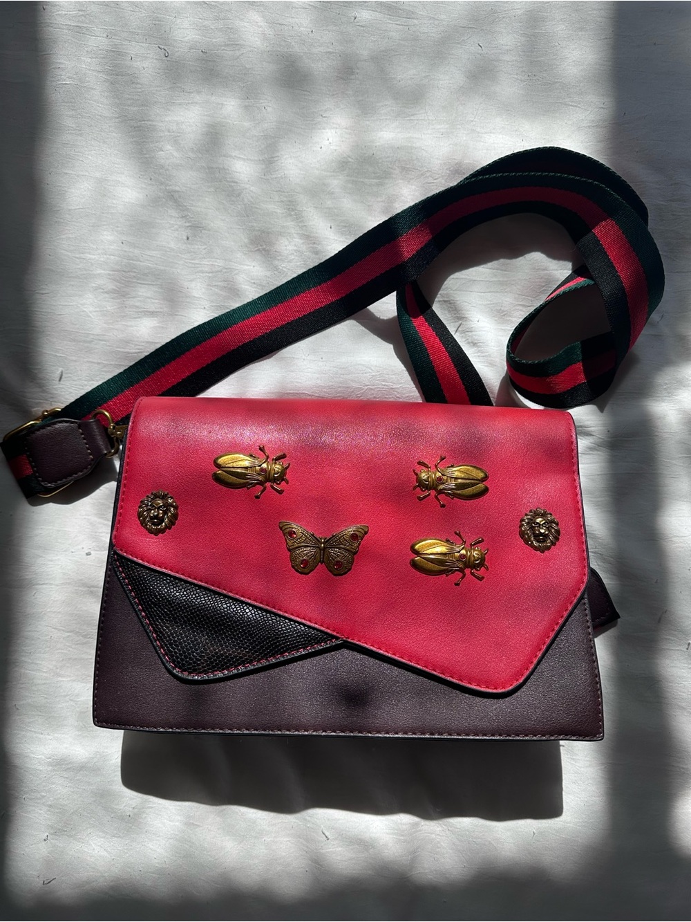 Women's Red and Burgundy Crossbody Bag with Decorative Gold Accents